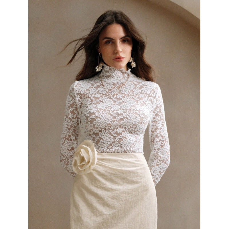 Damen Spitzenoberteil mit hohem Kragen und filigranem Blumendesign R&B