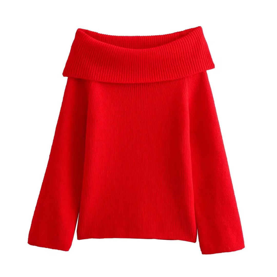 Damen eleganter, hochgeschlossener Strickpullover mit weitem Kragen R&B