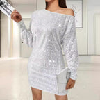 Damen Funkelndes Minikleid mit asymmetrischem Ausschnitt und Ballonärmeln R&B