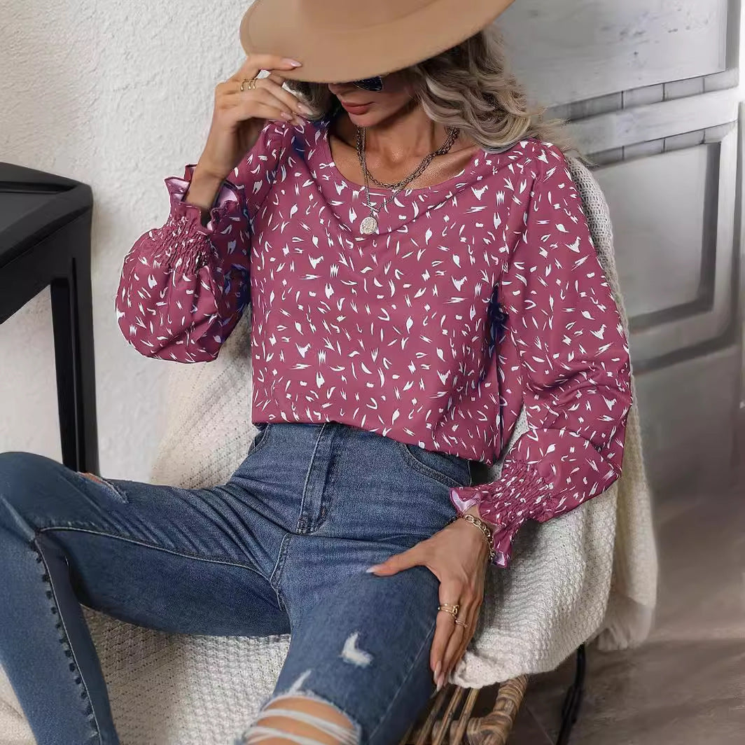 Damen elegante Bluse mit raffinierten Puffärmeln und zartem Muster R&B