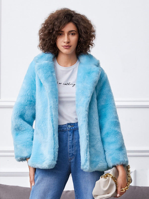 Damen Fluffige Kunstpelzjacke mit großzügigem Kragen und bequemen Ärmeln R&B