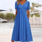 Damen nan fließendes Maxikleid mit gekreuzter Passe V-Ausschnitt Kurzarm und Eingrifftaschen R&B