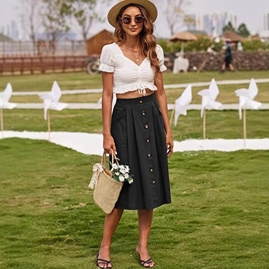 Damen Midi-Rock mit Knopfleiste und praktischen Taschen R&B