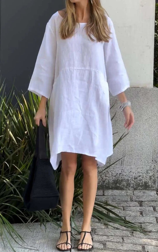 Damen lässiges Leinenkleid mit praktischen Taschen und asymmetrischem Saum R&B