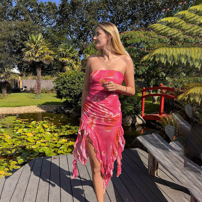 Damen elegantes Rüschenkleid mit trägerlosem Oberteil und asymmetrischem Saum R&B