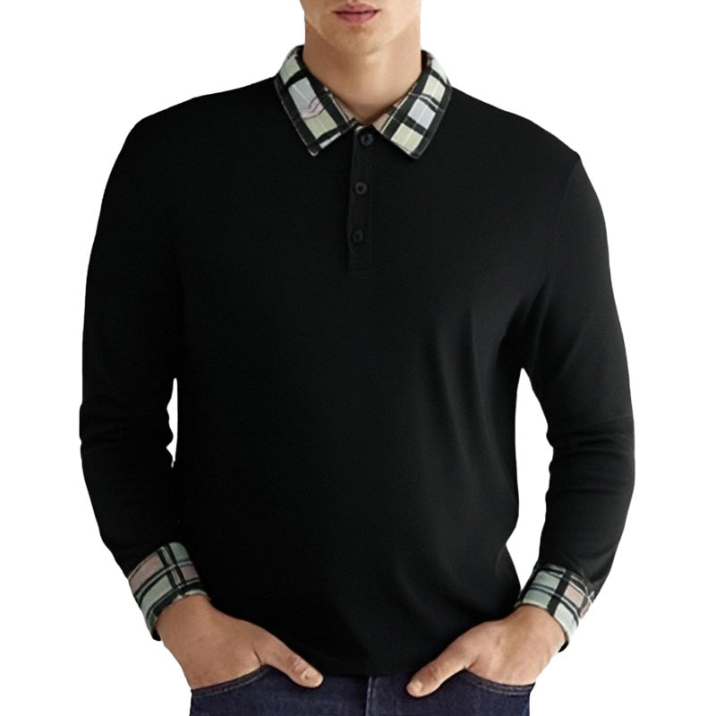 Herren nan figurbetontes Langarm-Poloshirt mit karierter Kragen- und Manschettenbesatz R&B
