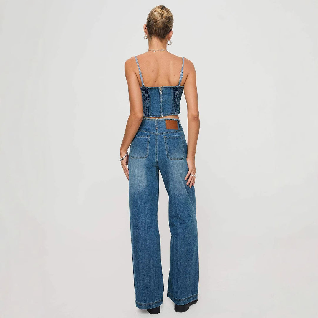 Damen weite Denim-Jeans mit hohem Bund und fransigem Saum R&B