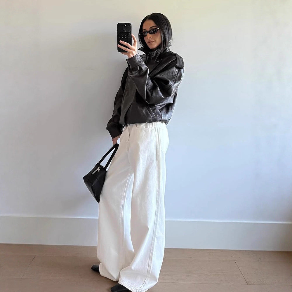 Damen Oversized Kunstlederjacke mit hohem Kragen und voluminösen Ärmeln R&B