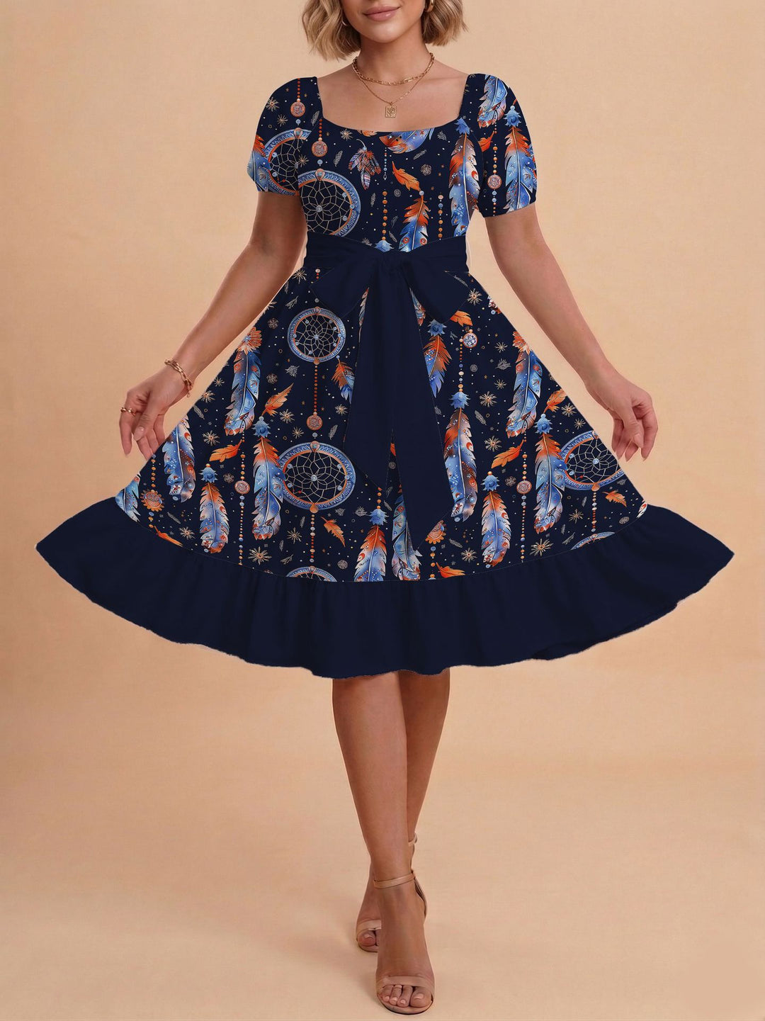 Damen Midikleid mit verspieltem Druck und tailliertem Schnitt R&B