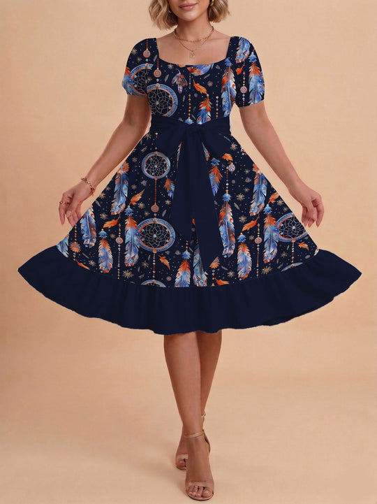 Damen Midikleid mit verspieltem Druck und tailliertem Schnitt R&B