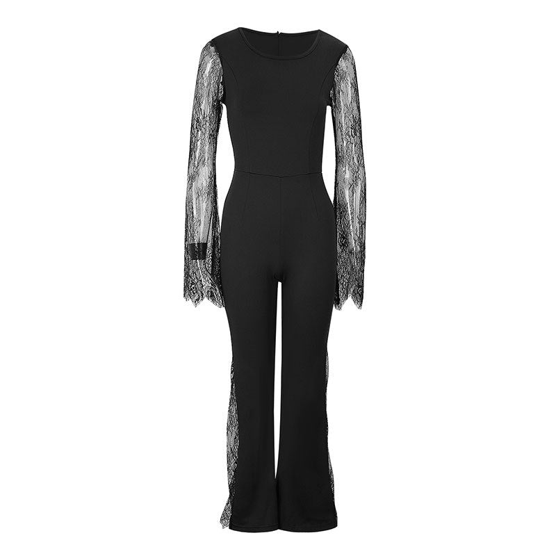 Damen Eleganter Jumpsuit mit schimmernder Spitze und weitem Bein R&B