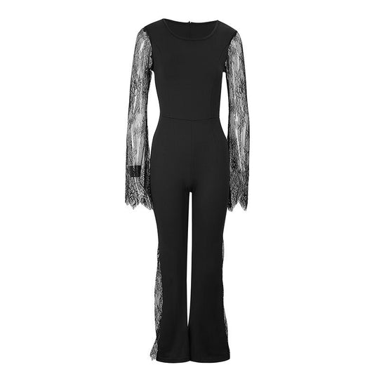 Damen Eleganter Jumpsuit mit schimmernder Spitze und weitem Bein R&B