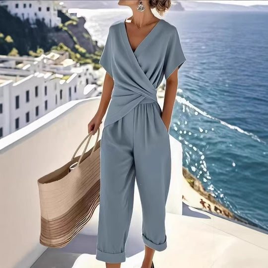 Damen Eleganter Jumpsuit mit Wickeloptik und breiten Beinen R&B