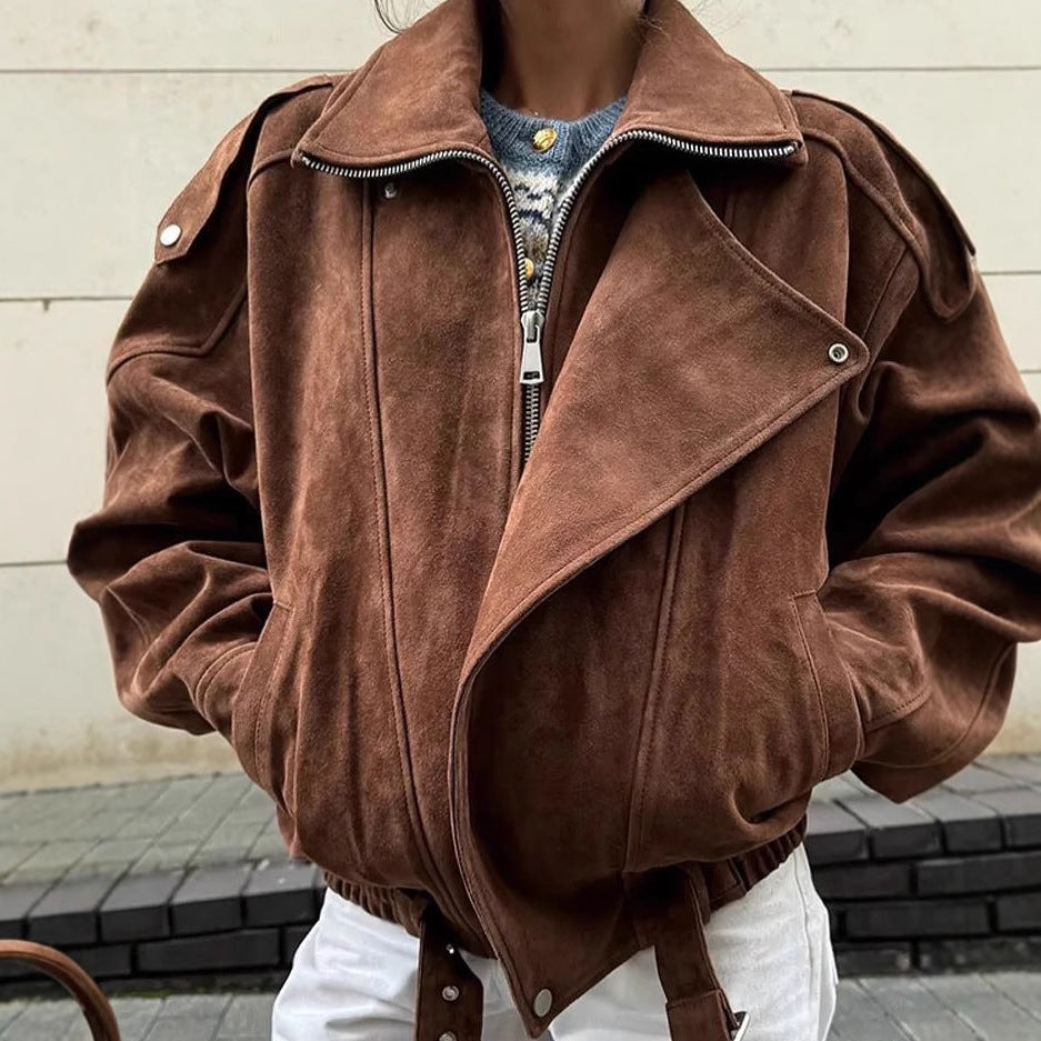 Damen modische Wildlederjacke im oversized Schnitt mit edlen Details R&B