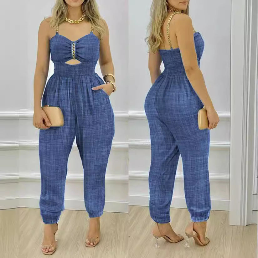 Damen modischer Jumpsuit mit schulterfreien Trägern und cut-out Details R&B