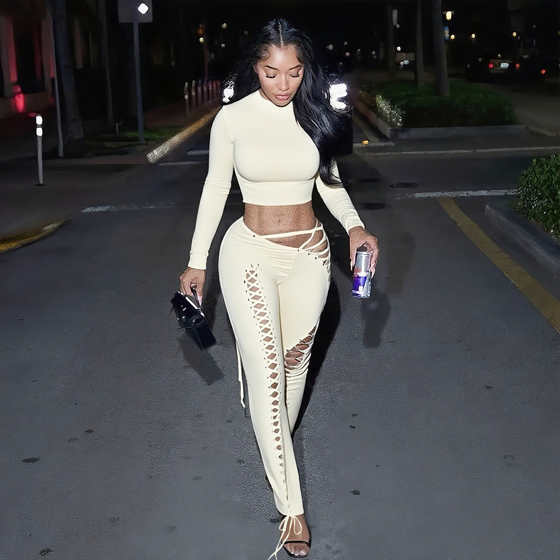 Damen Crop-Top und Hoch geschnittene Leggings mit Schnürdetails R&B