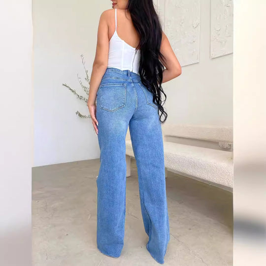 Damen Weit geschnittene Jeans mit distressed Details und hohem Bund R&B