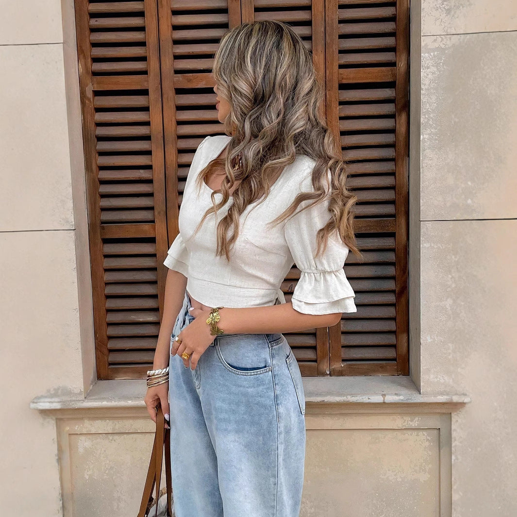 Damen Puffärmel Crop-Top mit quadratischem Ausschnitt R&B
