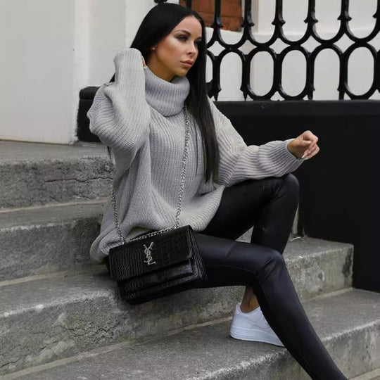 Damen Oversized-Strickpullover mit hohem Kragen und lässigem Schnitt R&B