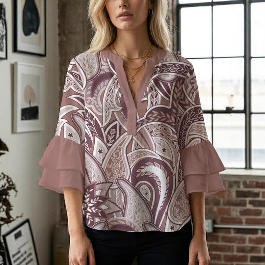 Damen Bluse mit voluminösen Rüschenärmeln und kreativem Floraldesign R&B