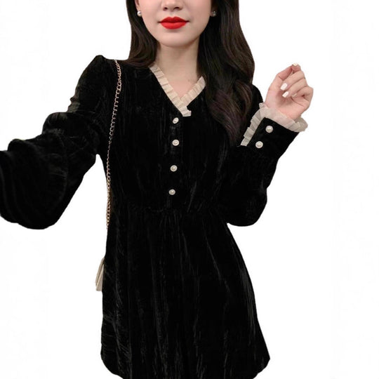 Damen Elegantes Velourskleid mit Rüschenkragen und Perlenknöpfen R&B