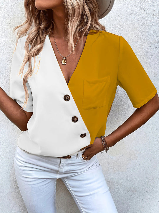 Damen Designer-Bluse mit asymmetrischem Schnitt und elegantem Knopfverschluss R&B