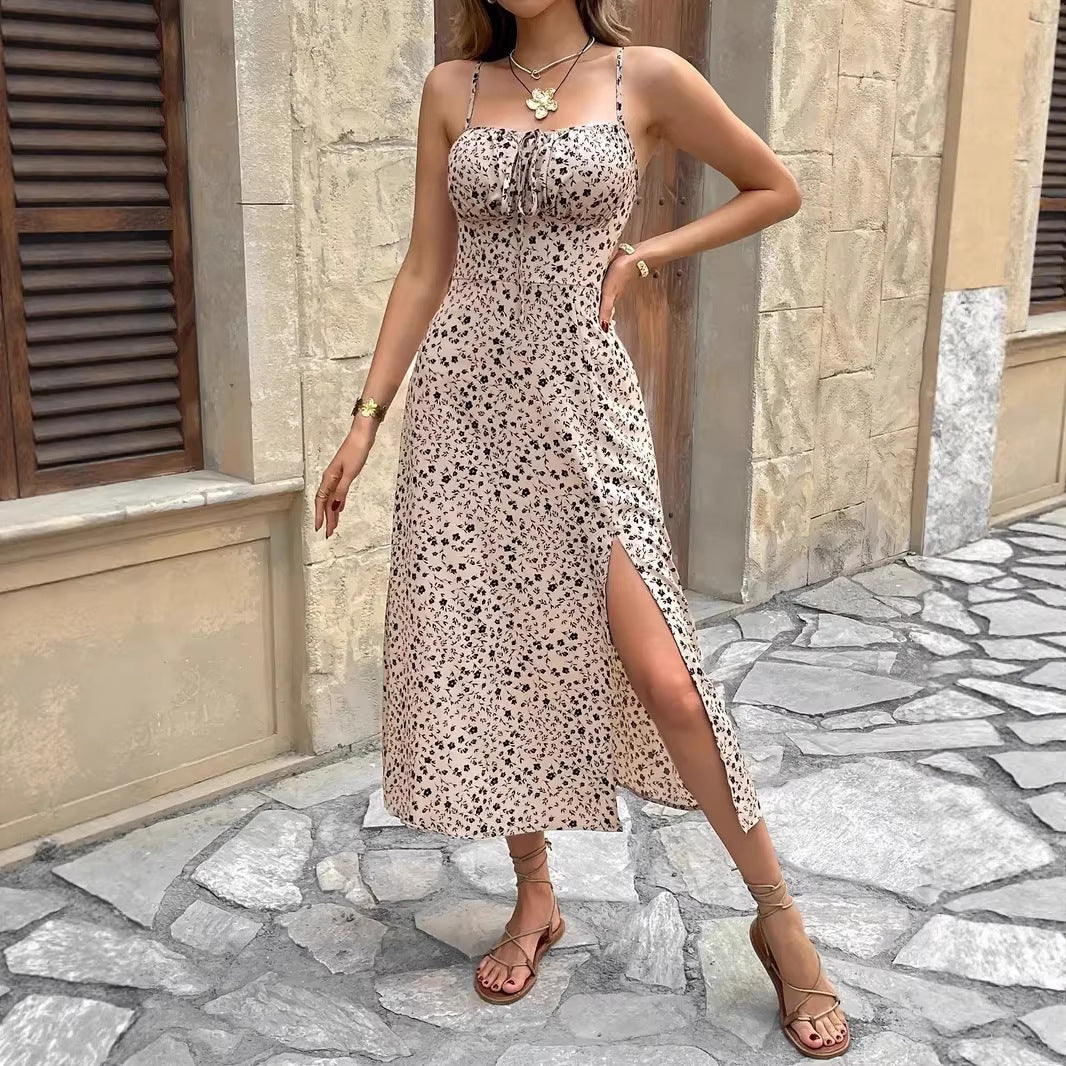 Damen sommerliches Maxikleid mit verstellbaren Spaghettiträgern und seitlichem Schlitz R&B