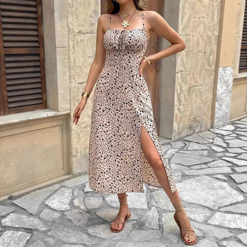 Damen sommerliches Maxikleid mit verstellbaren Spaghettiträgern und seitlichem Schlitz R&B