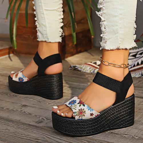 Damen Wedge-Sandalen mit floralem Design und elastischen Riemen R&B
