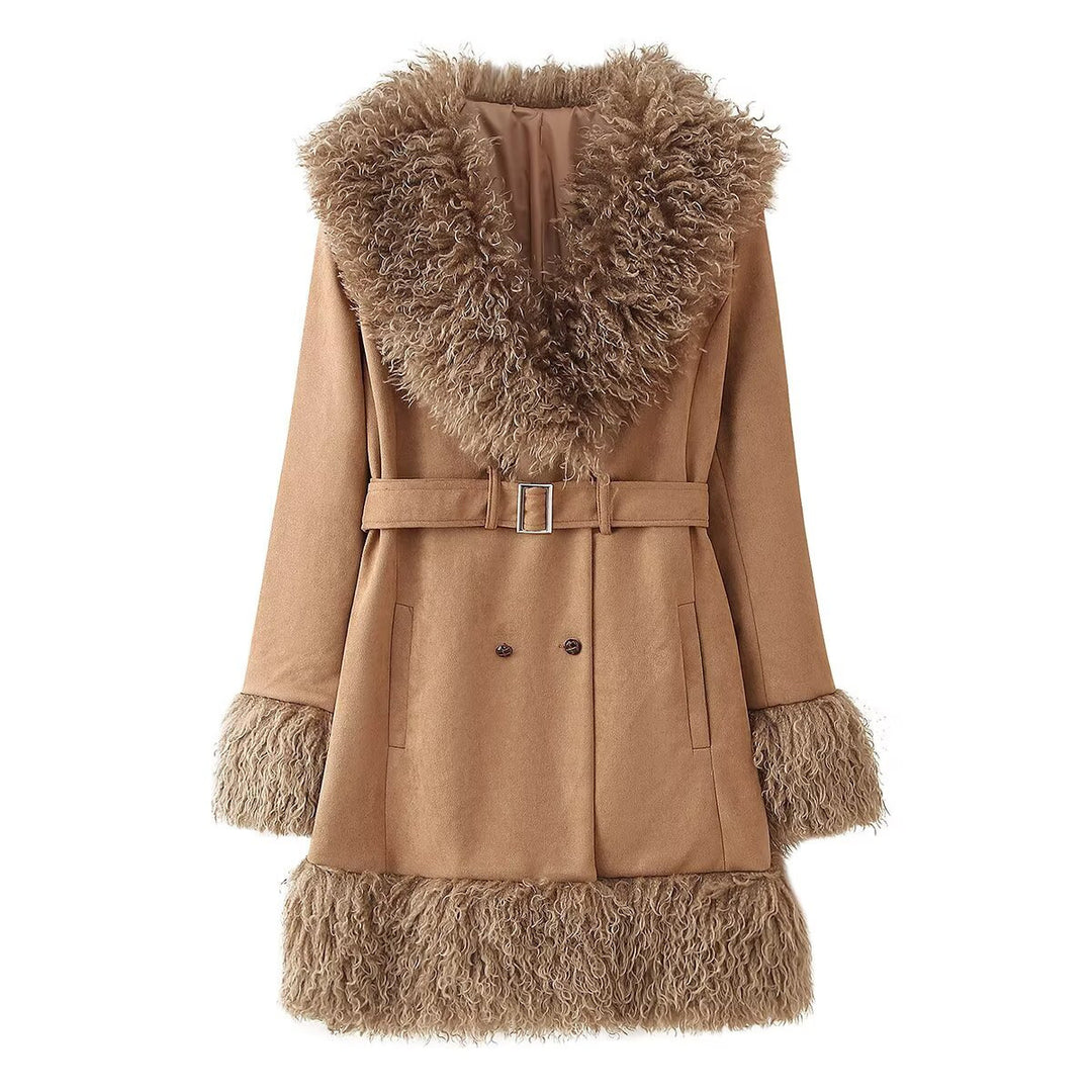 Damen Elegante Teddyjacke mit Taillengürtel und voluminösem Kragen R&B