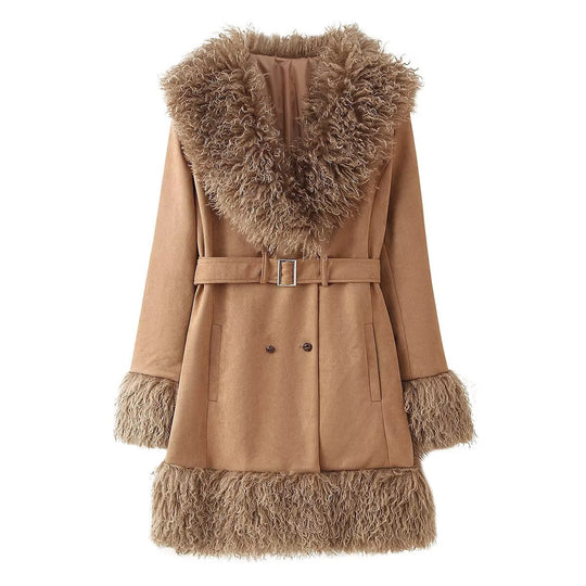 Damen Elegante Teddyjacke mit Taillengürtel und voluminösem Kragen R&B
