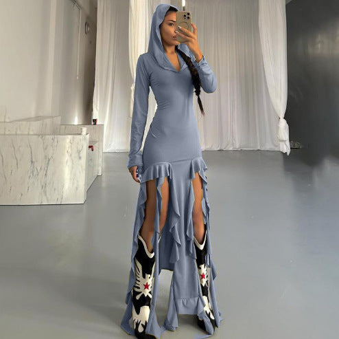 Damen Langarm Maxikleid mit Kapuze und Rüschendetails R&B