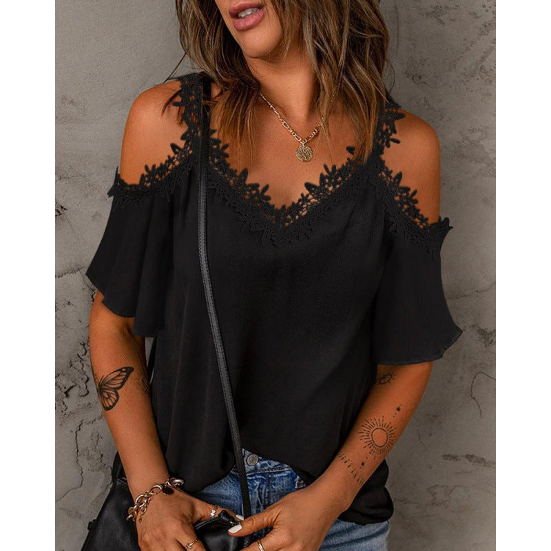 Damen Cold-Shoulder Spitzenbesatz Oberteil R&B