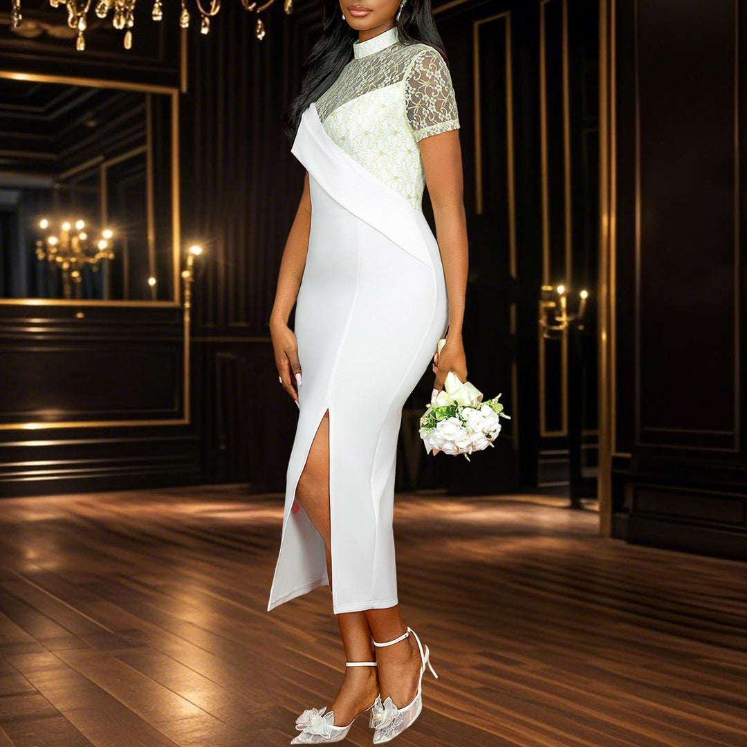 Damen Elegantes Hochzeitskleid mit transparentem Spitzenoberteil und asymmetrischem Design R&B