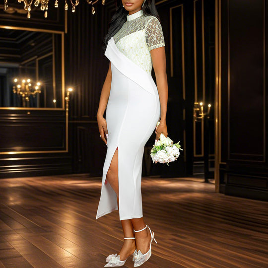 Damen Elegantes Hochzeitskleid mit transparentem Spitzenoberteil und asymmetrischem Design R&B
