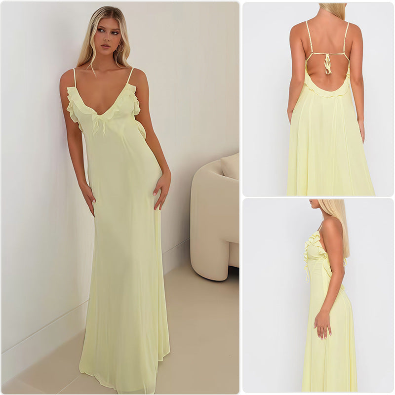 Damen Elegantes Maxikleid mit schulterfreier Rüschendekoration und taillierbarem Design R&B