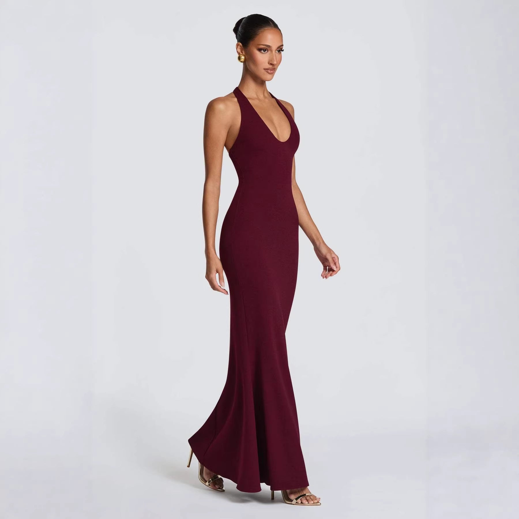 Damen Elegantes Bodenkleid mit tiefem V-Ausschnitt und figurbetontem Design EB