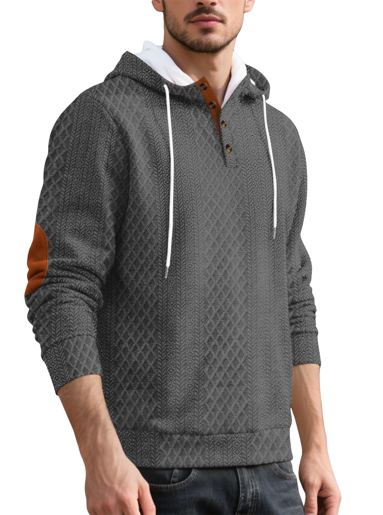 Herren nan Diamond-Struktur Kapuzenpullover mit Kurzknopfleiste, gesteppter Kapuzeninnenkante und Wildleder-Ellbogenpatch R&B