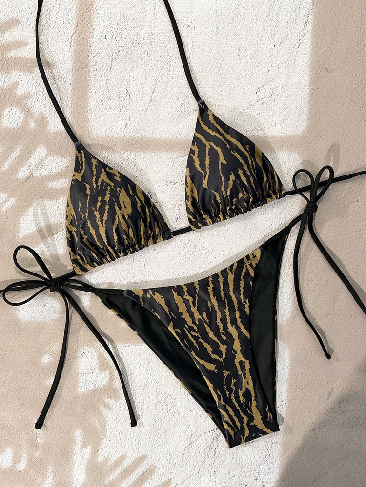 Damen Triangel-Bikini-Set mit verstellbaren Bindebändern und animalischem Design R&B