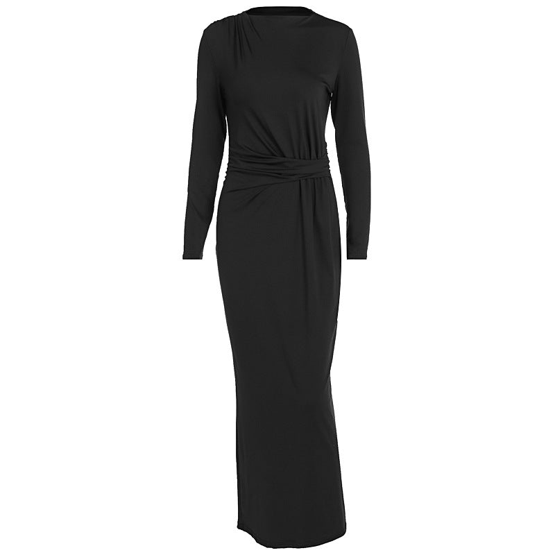 Damen figurbetontes Maxikleid mit eleganten Drapierungen und langem Arm R&B