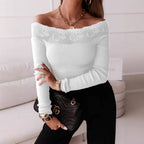 Damen Off-Shoulder Top mit Spitzenbesatz und langem Arm R&B
