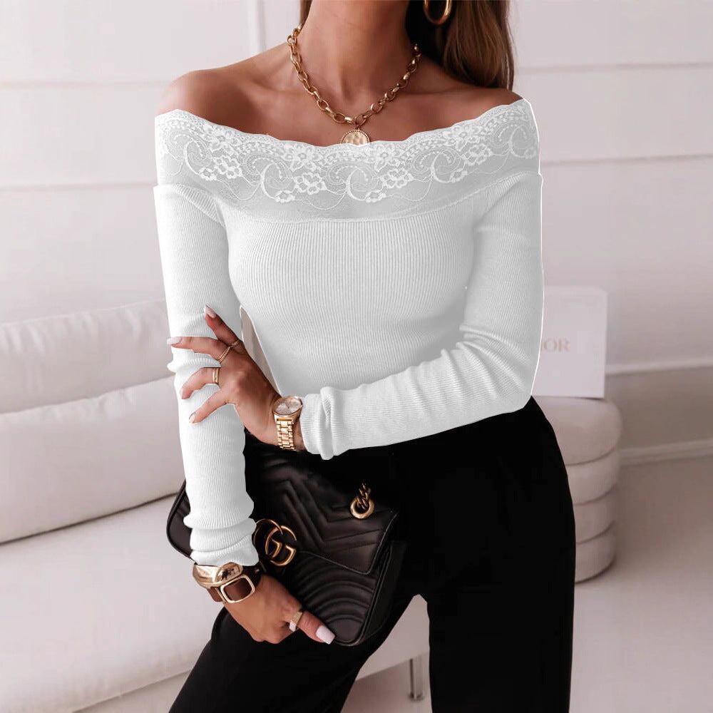 Damen Off-Shoulder Top mit Spitzenbesatz und langem Arm R&B