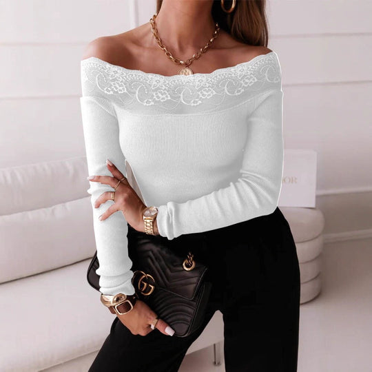 Damen Off-Shoulder Top mit Spitzenbesatz und langem Arm R&B