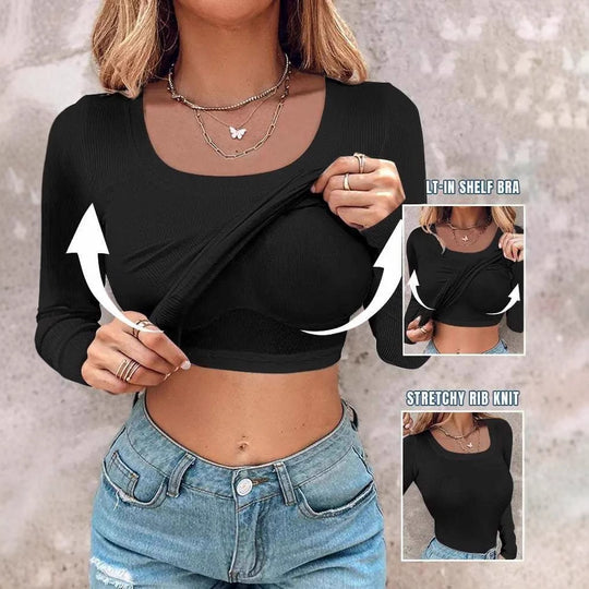 Damen Langarm Crop Top mit eingearbeitetem BH und elastischer Rippenstruktur R&B