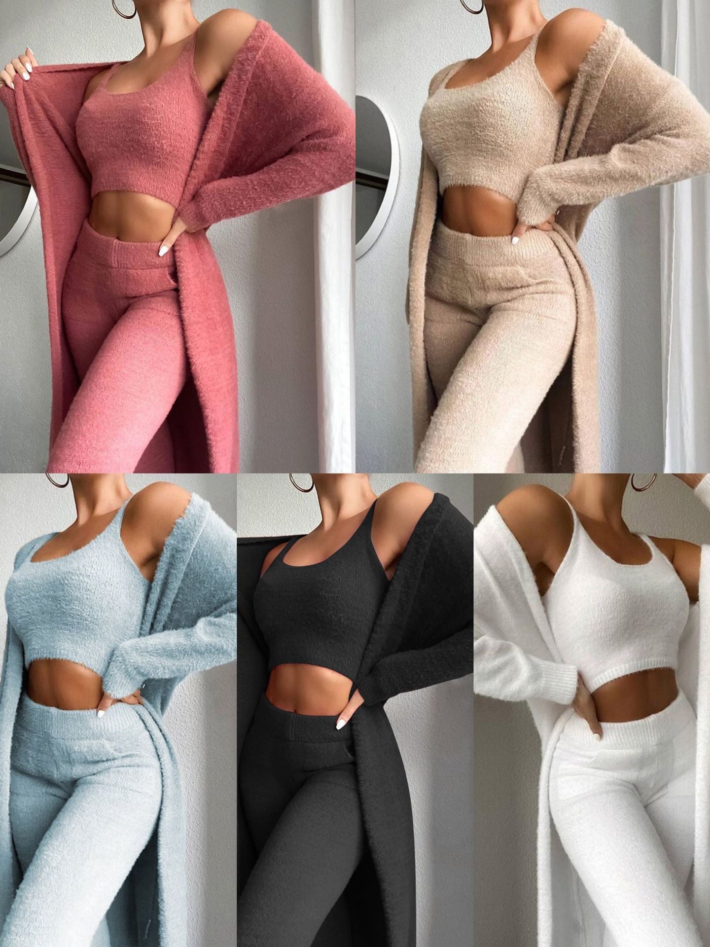 Damen gemütliches Lounge-Set aus feinem Fleece mit offenem Cardigan und Crop-Top