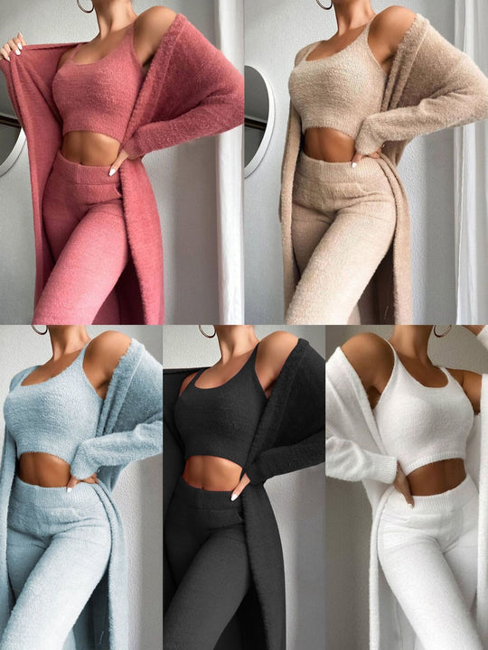 Damen gemütliches Lounge-Set aus feinem Fleece mit offenem Cardigan und Crop-Top R&B