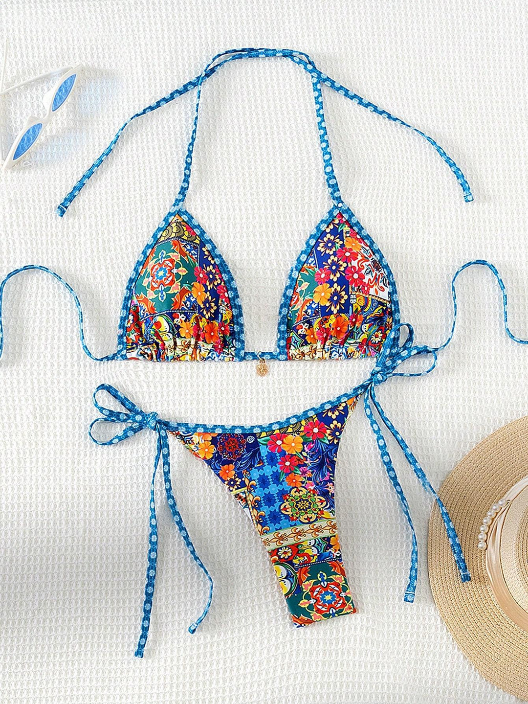 Damen Triangel-Bikini mit buntem floralen Mustermix und verstellbaren Trägern R&B