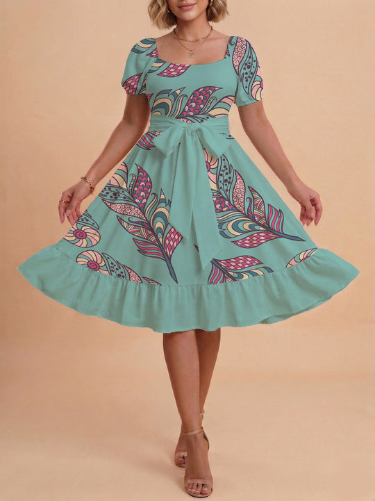 Damen modernes Blumenkleid mit elegantem Taillengürtel und asymmetrischem Saum R&B