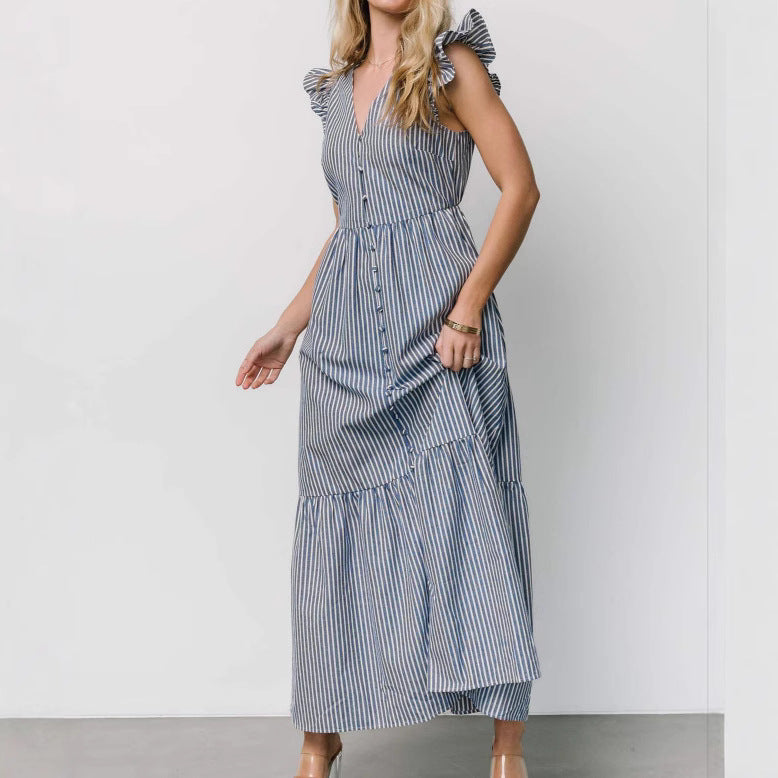 Damen Maxikleid mit Rüschendetails und Knopfleiste R&B