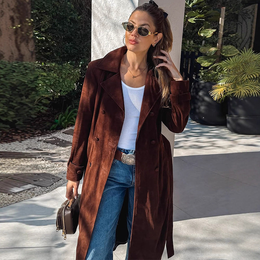 Damen Elegante Langzeit-Trenchcoat aus weichem Wildleder R&B
